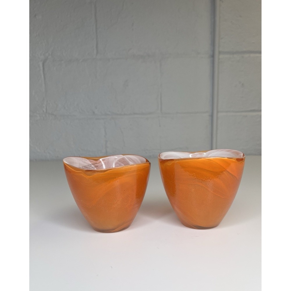 Anthropologie Art Glass Orange Swirl Votive Tea Light Candle Holder SET‎ OF 2 - Picture 4 of 13
